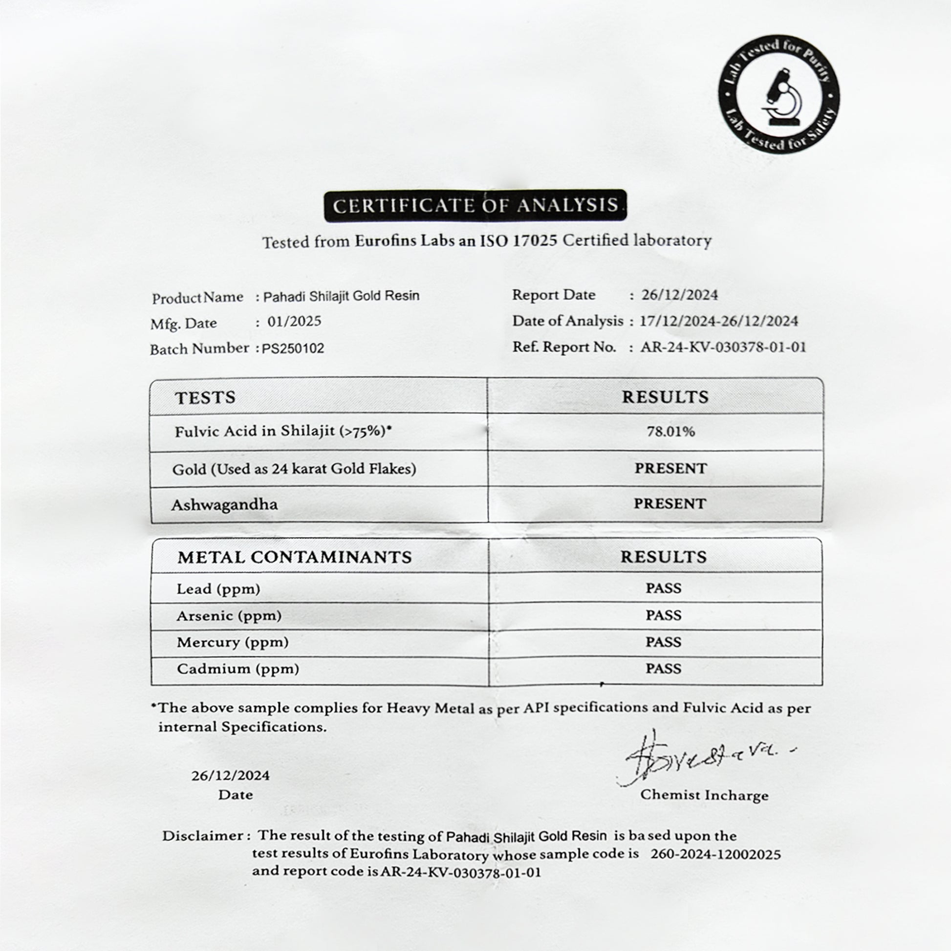 shilajit lab report